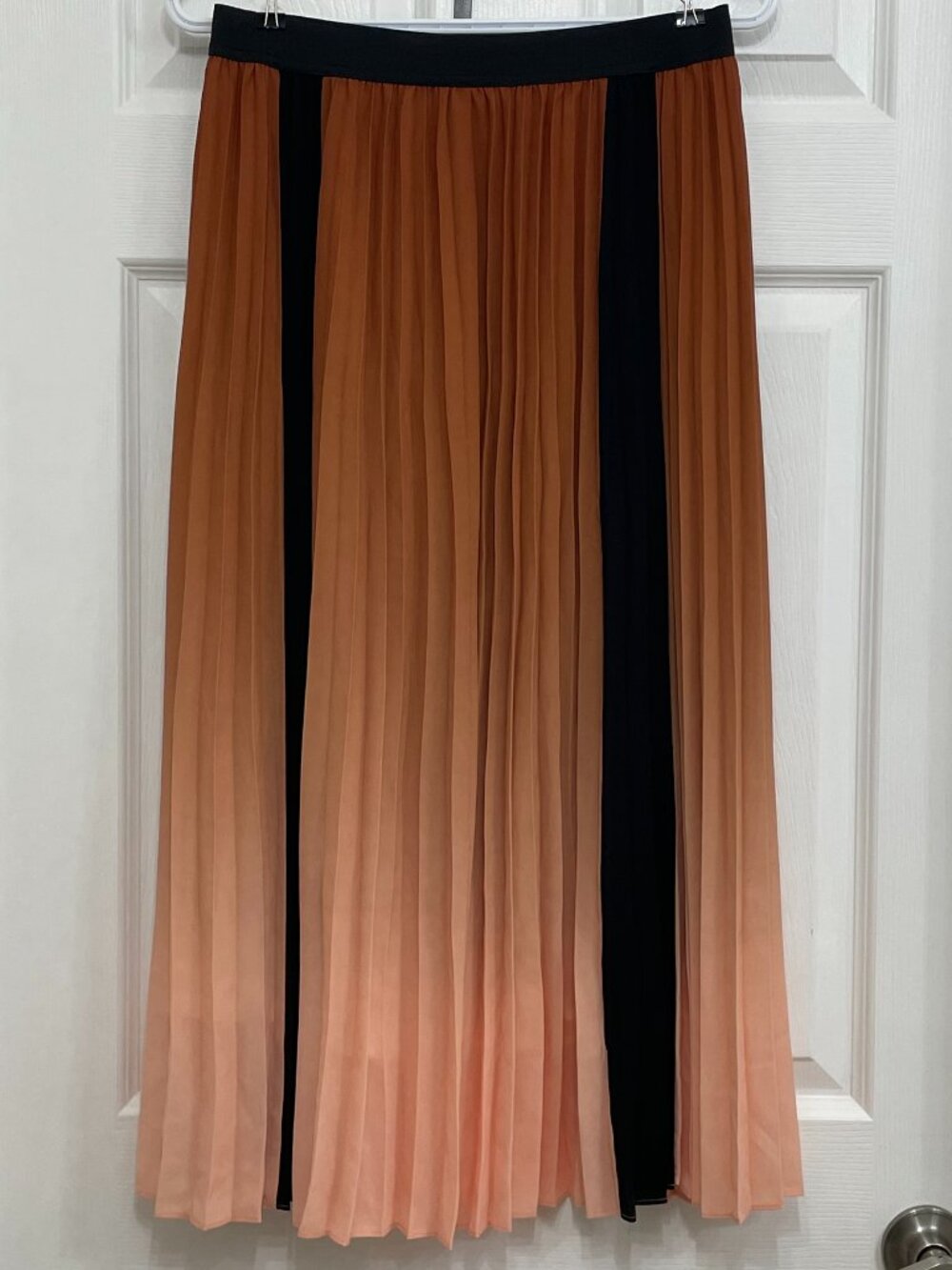 Maje Paris Jona Pleated Ombre Midi Skirt Brown Pink Black Stripe Knit Size 3